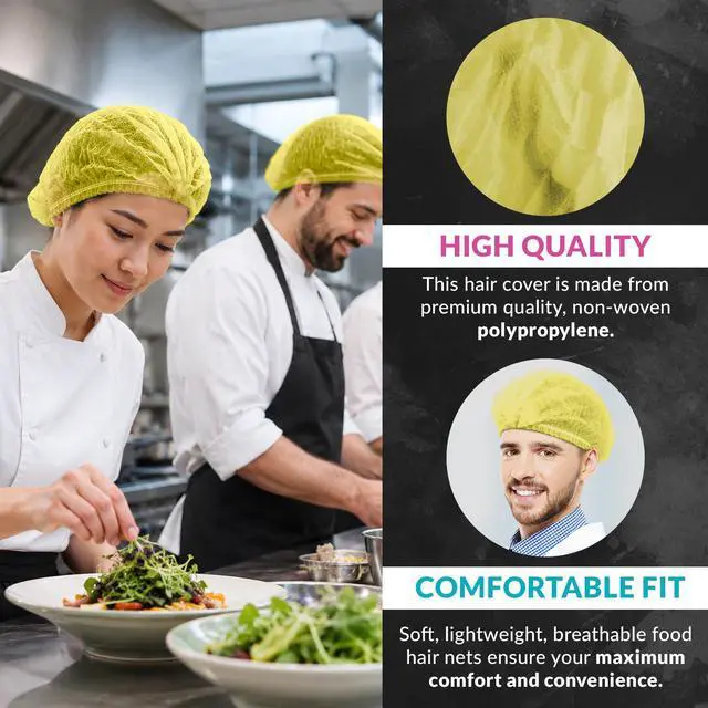 Alt view image 3 of 6 - Disposable Bouffant Caps, Yellow 21 Inch Hair Nets for Food Service Workers, Non Woven Polypropylene Hair Covers, Pack of 1000