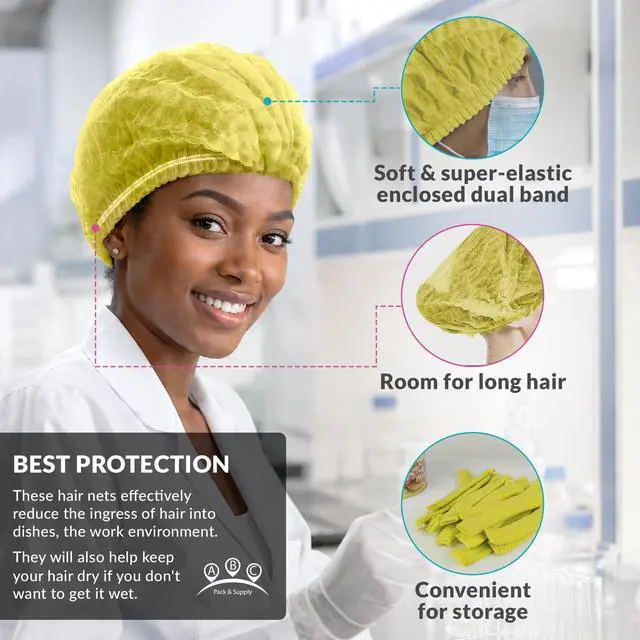 Alt view image 4 of 6 - Disposable Bouffant Caps, Yellow 21 Inch Hair Nets for Food Service Workers, Non Woven Polypropylene Hair Covers, Pack of 1000