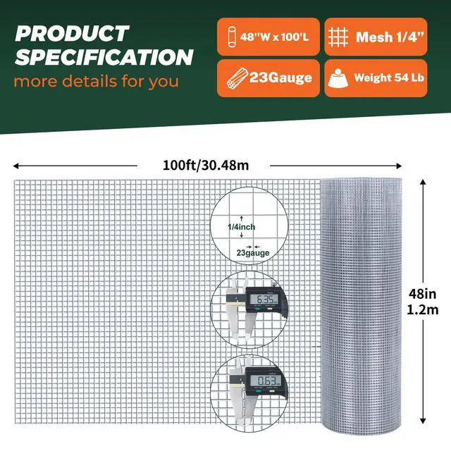 Alt view image 2 of 6 - 1/4'' 48'' X 100' Hardware Cloth, Chicken Wire Fencing Double Layer Hot Dip Galvanized, Wire Mesh Fence Chicken Rabbit Snake Cage Wire Fence Mesh Roll, for Chicken Coops, Fencing, Garden Protection