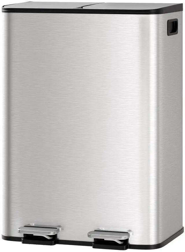 Main image of Trash Can with Lid, Stainless Steel Garbage Can for Kitchen with Step-on Dual Compartments, Large Recycling Bin with Removable Plastic Inner Bucket, Rectangular Waste Bin (Silver, 2 x 8 Gallon)