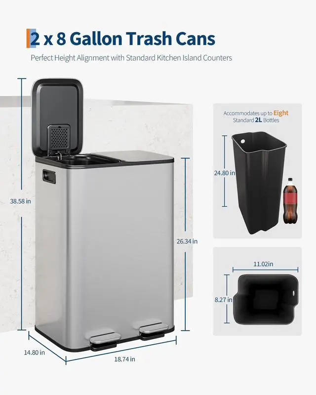 Alt view image 3 of 6 - Trash Can with Lid, Stainless Steel Garbage Can for Kitchen with Step-on Dual Compartments, Large Recycling Bin with Removable Plastic Inner Bucket, Rectangular Waste Bin (Silver, 2 x 8 Gallon)