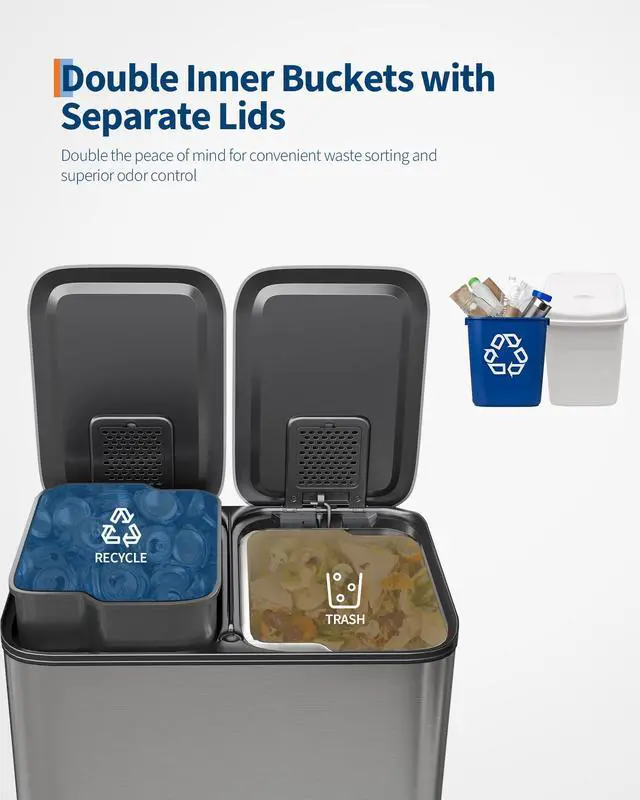 Alt view image 5 of 6 - Trash Can with Lid, Stainless Steel Garbage Can for Kitchen with Step-on Dual Compartments, Large Recycling Bin with Removable Plastic Inner Bucket, Rectangular Waste Bin (Silver, 2 x 8 Gallon)