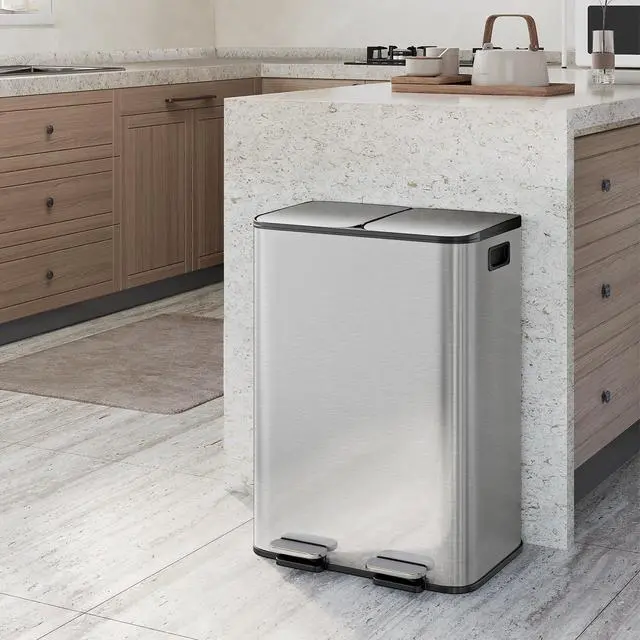Alt view image 6 of 6 - Trash Can with Lid, Stainless Steel Garbage Can for Kitchen with Step-on Dual Compartments, Large Recycling Bin with Removable Plastic Inner Bucket, Rectangular Waste Bin (Silver, 2 x 8 Gallon)