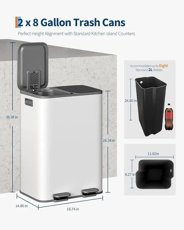 Alt view image 2 of 6 - Trash Can with Lid, Stainless Steel Garbage Can for Kitchen with Step-on Dual Compartments, Large Recycling Bin with Removable Plastic Inner Bucket, Rectangular Waste Bin (White, 2 x 8 Gallon)