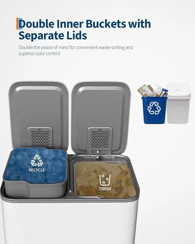 Alt view image 5 of 6 - Trash Can with Lid, Stainless Steel Garbage Can for Kitchen with Step-on Dual Compartments, Large Recycling Bin with Removable Plastic Inner Bucket, Rectangular Waste Bin (White, 2 x 8 Gallon)