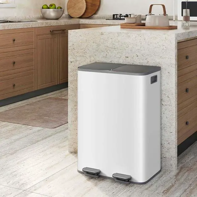 Alt view image 6 of 6 - Trash Can with Lid, Stainless Steel Garbage Can for Kitchen with Step-on Dual Compartments, Large Recycling Bin with Removable Plastic Inner Bucket, Rectangular Waste Bin (White, 2 x 8 Gallon)
