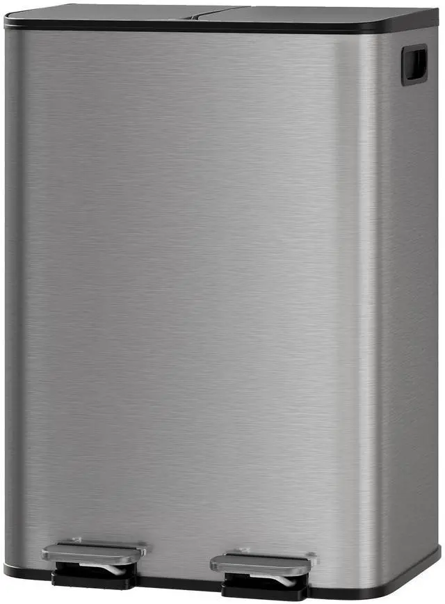 Main image of Trash Can with Lid, Stainless Steel Garbage Can for Kitchen with Step-on Dual Compartments, Large Recycling Bin with Removable Plastic Inner Bucket, Rectangular Waste Bin (Grey, 2 x 8 Gallon)