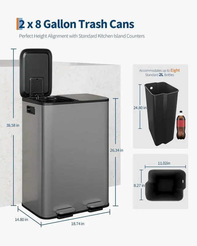 Alt view image 2 of 6 - Trash Can with Lid, Stainless Steel Garbage Can for Kitchen with Step-on Dual Compartments, Large Recycling Bin with Removable Plastic Inner Bucket, Rectangular Waste Bin (Grey, 2 x 8 Gallon)