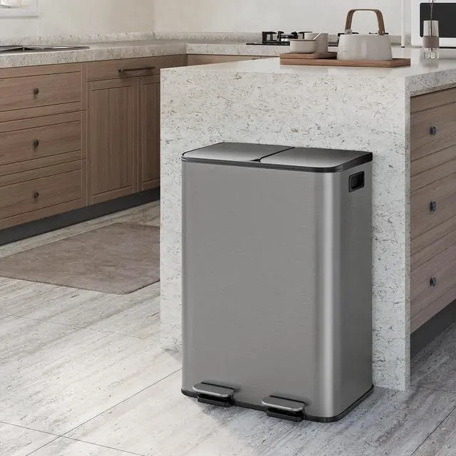Alt view image 6 of 6 - Trash Can with Lid, Stainless Steel Garbage Can for Kitchen with Step-on Dual Compartments, Large Recycling Bin with Removable Plastic Inner Bucket, Rectangular Waste Bin (Grey, 2 x 8 Gallon)