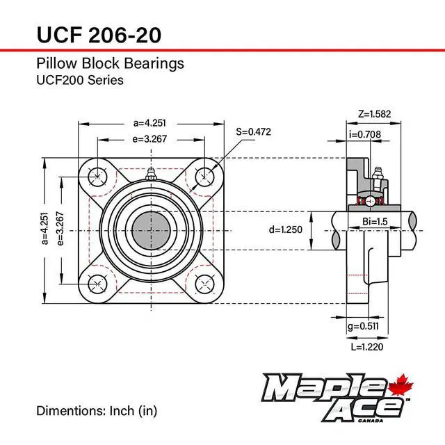 Alt view image 3 of 5 - UCF206-20 Square Flange Bearing 1-1/4" Bore, 4-Bolt Self-Aligning, Solid Base, R3 Triple Lip Seal, Heavy Duty (Qty 10)