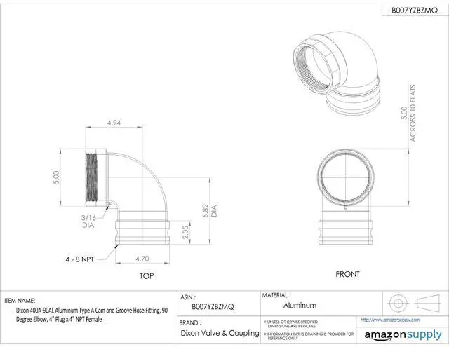 Alt view image 3 of 3 - 400A-90AL Aluminum Type A Cam and Groove Hose Fitting, 90 Degree Elbow, 4" Plug x 4" NPT Female