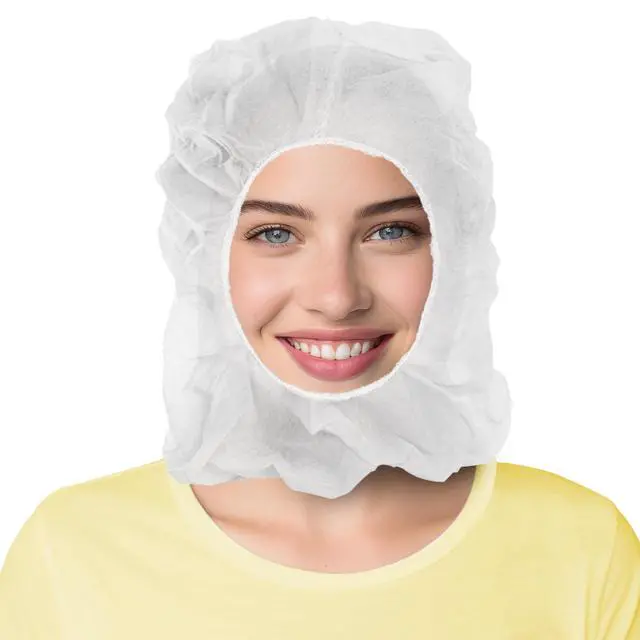 Main image of Disposable Hoods, White Polypropylene Hooded Caps with Elastic Face Opening, One Size, Pack of 1 000, Full Coverage Head and Beard Cover for Food Handling and Prep
