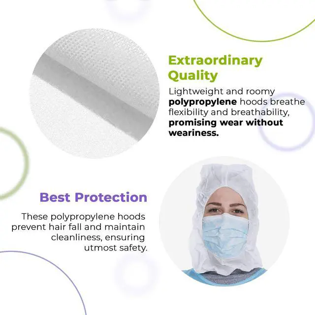 Alt view image 4 of 6 - Disposable Hoods, White Polypropylene Hooded Caps with Elastic Face Opening, One Size, Pack of 1 000, Full Coverage Head and Beard Cover for Food Handling and Prep