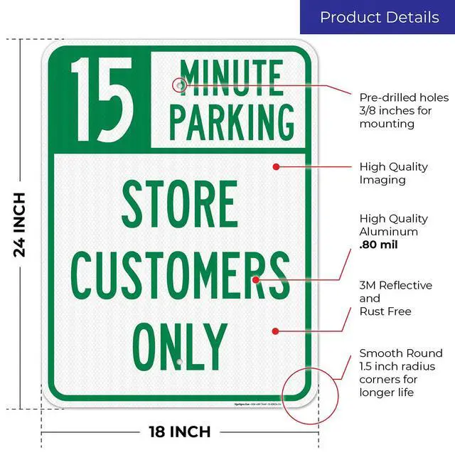 Alt view image 3 of 6 - 15 Minutes Parking Store Customers Only Sign, | 18x24 3M EGP Reflective Stand Set w/Post & Iron Base USA Made