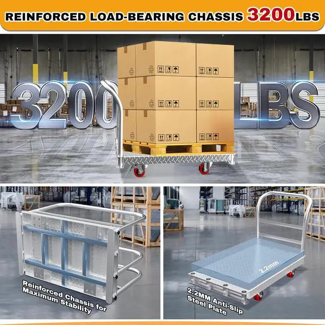 Alt view image 2 of 6 - 3200lbs Heavy Duty Platform Truck with 6" Swivel Brake Wheels & 4 Handrails, 44"x 28" Extra Large Steel Flatbed Cart, 2.5mm Steel Plate, Durable & Safe Industrial Dolly for Garage, Warehouse, Workshop