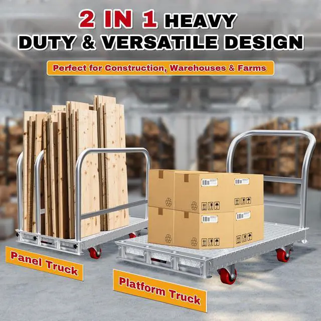 Alt view image 3 of 6 - 3200lbs Heavy Duty Platform Truck with 6" Swivel Brake Wheels & 4 Handrails, 44"x 28" Extra Large Steel Flatbed Cart, 2.5mm Steel Plate, Durable & Safe Industrial Dolly for Garage, Warehouse, Workshop