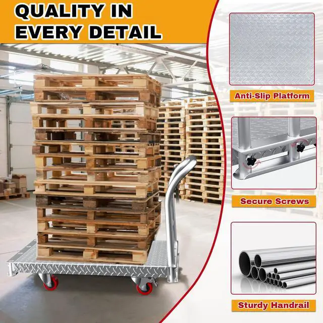 Alt view image 5 of 6 - 3200lbs Heavy Duty Platform Truck with 6" Swivel Brake Wheels & 4 Handrails, 44"x 28" Extra Large Steel Flatbed Cart, 2.5mm Steel Plate, Durable & Safe Industrial Dolly for Garage, Warehouse, Workshop