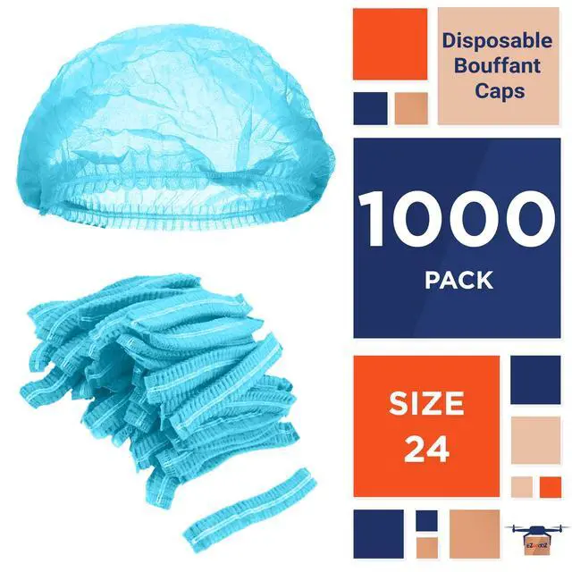 Alt view image 2 of 6 - Disposable Bouffant Caps, 24 Inches, Blue, Pack of 1000, Spunbond Polypropylene, Elastic Edge, Ideal for Food Service, Kitchens, and General Use