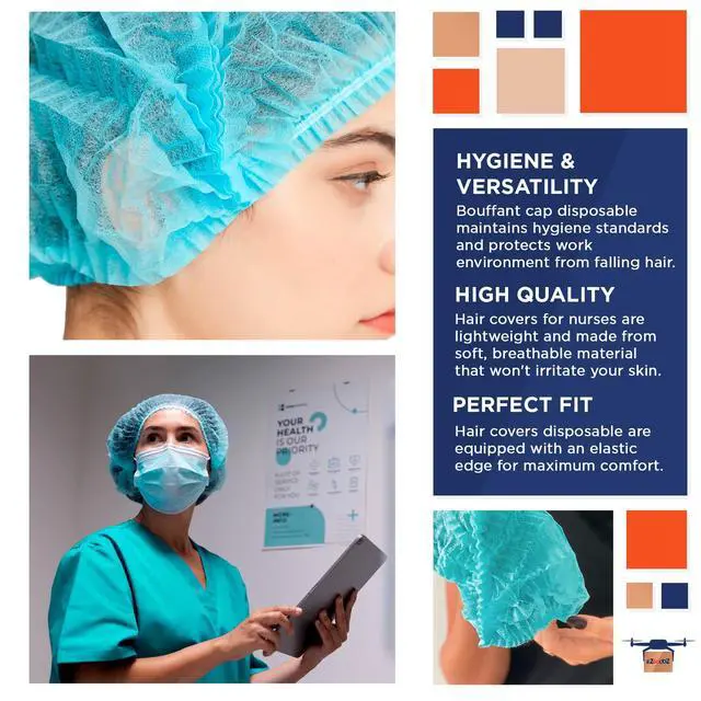 Alt view image 3 of 6 - Disposable Bouffant Caps, 24 Inches, Blue, Pack of 1000, Spunbond Polypropylene, Elastic Edge, Ideal for Food Service, Kitchens, and General Use