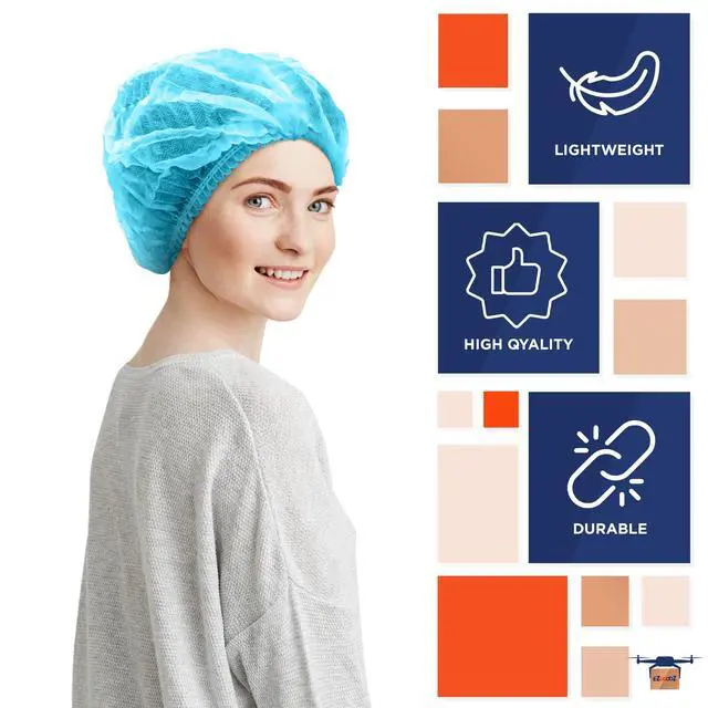 Alt view image 4 of 6 - Disposable Bouffant Caps, 24 Inches, Blue, Pack of 1000, Spunbond Polypropylene, Elastic Edge, Ideal for Food Service, Kitchens, and General Use