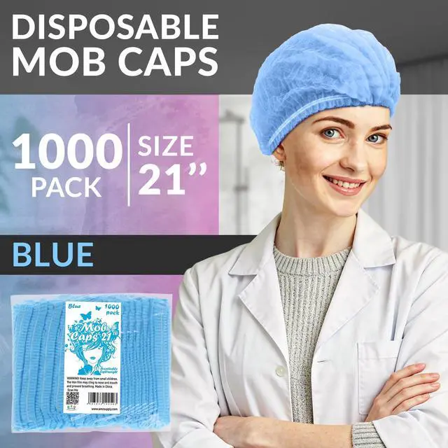 Alt view image 2 of 6 - Disposable Bouffant Caps, Blue 21 Inch Hair Nets for Food Service Workers, Non Woven Polypropylene Hair Covers, Pack of 1000