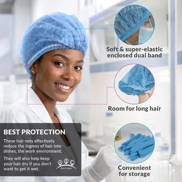 Alt view image 4 of 6 - Disposable Bouffant Caps, Blue 21 Inch Hair Nets for Food Service Workers, Non Woven Polypropylene Hair Covers, Pack of 1000