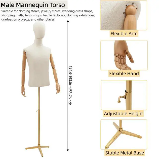 Alt view image 3 of 6 - Male Dress Form Display, Male Mannequin Torso with Head & Arms 53-76 in Height Adjustable Mens Mannequin Body with Tripod Metal Stand for Store Display