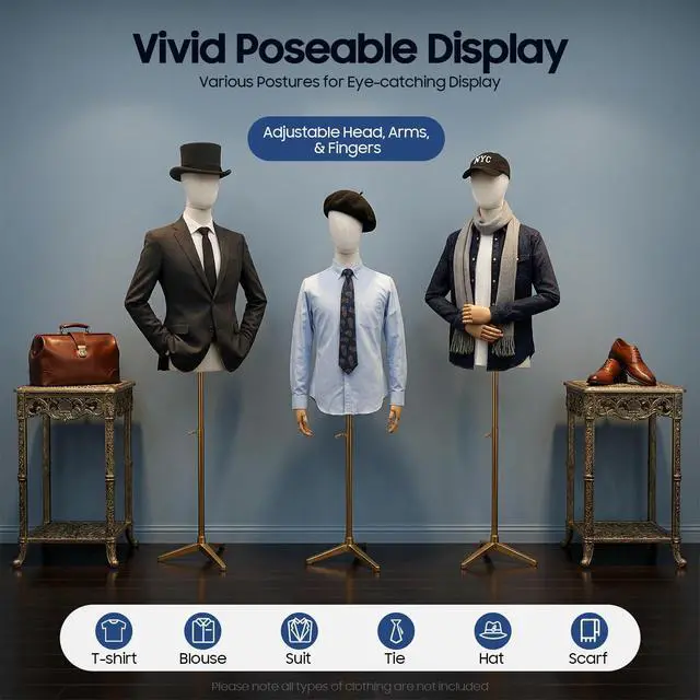 Alt view image 5 of 6 - Male Dress Form Display, Male Mannequin Torso with Head & Arms 53-76 in Height Adjustable Mens Mannequin Body with Tripod Metal Stand for Store Display