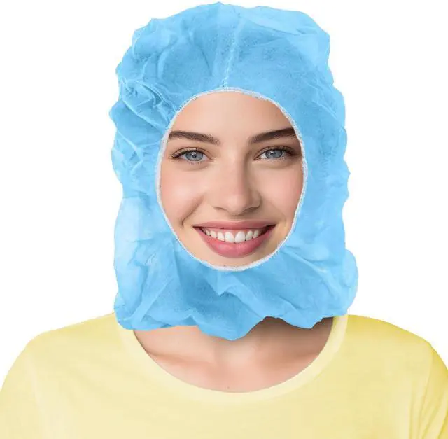 Main image of Disposable Hoods, Blue Polypropylene Hooded Caps with Elastic Face Opening, One Size, Pack of 1 000, Full Coverage Head and Beard Cover for Food Handling and Prep
