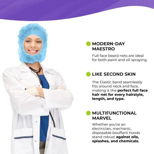 Alt view image 3 of 6 - Disposable Hoods, Blue Polypropylene Hooded Caps with Elastic Face Opening, One Size, Pack of 1 000, Full Coverage Head and Beard Cover for Food Handling and Prep