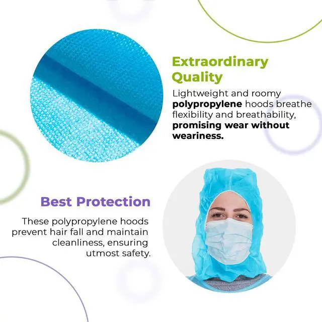 Alt view image 4 of 6 - Disposable Hoods, Blue Polypropylene Hooded Caps with Elastic Face Opening, One Size, Pack of 1 000, Full Coverage Head and Beard Cover for Food Handling and Prep