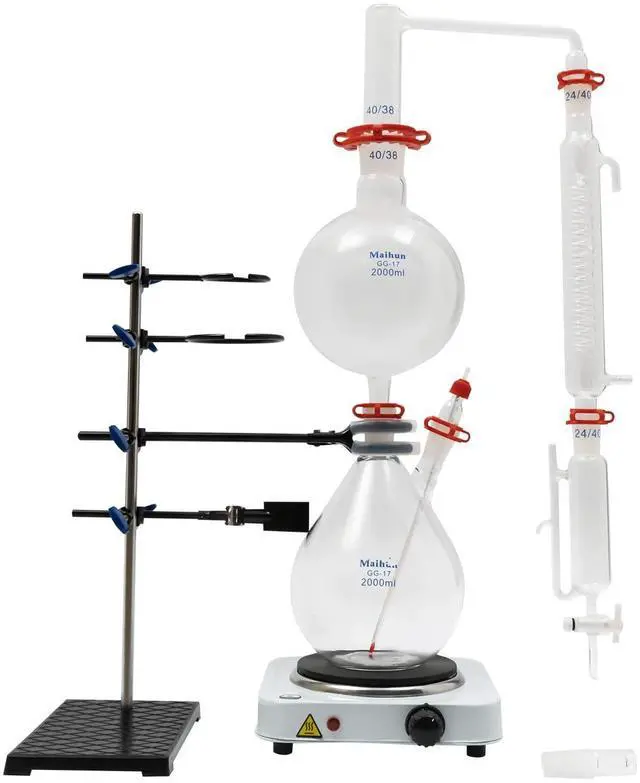 Main image of 2000ml Essential Oil Distillation Apparatus with Graham Condenser + Hot Stove + Essential Oil Separator Lab Glass Distillation Kit, Steam Water Distiller Purifier for Lab Use, 110V 1000W