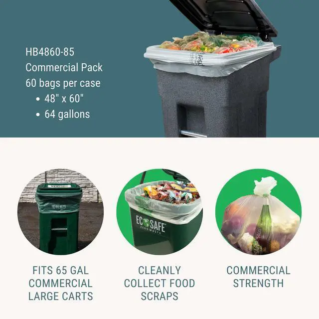 Alt view image 4 of 6 - 6400 HB4860-85 Certified Compostable Bag - 48x60 Green Bags for 64 Gallon Bin - Extra Strong Leak, Puncture and Tear Resistant Food Scraps Bin Liners, Pack of 60