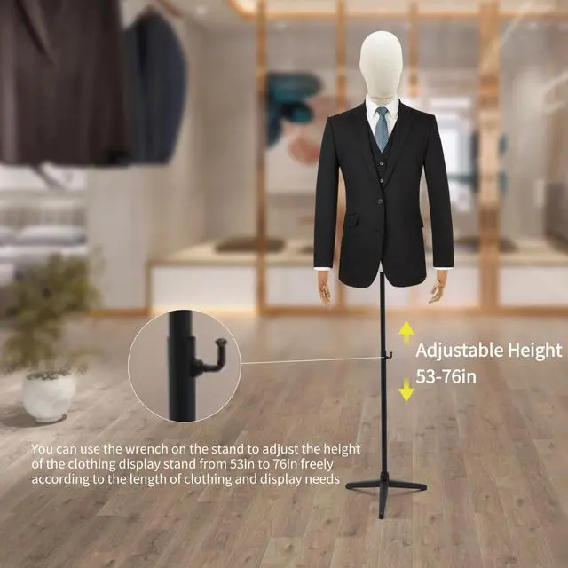 Alt view image 2 of 6 - Male Dress Form Display, Male Mannequin Torso with Head & Arms 53-76 in Height Adjustable Mens Mannequin Body with Tripod Metal Stand for Store Display