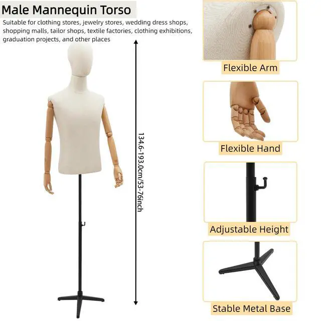 Alt view image 3 of 6 - Male Dress Form Display, Male Mannequin Torso with Head & Arms 53-76 in Height Adjustable Mens Mannequin Body with Tripod Metal Stand for Store Display