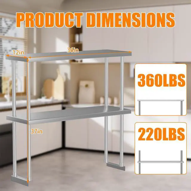 Alt view image 3 of 6 - Stainless Steel Overshelf Shelves for Work & Prep Table 12 in x 36 in, 2 Tier Double Deck Overshelf with Adjustable Shelf, Commercial Countertop Shelf for Kitchen, Restaurant