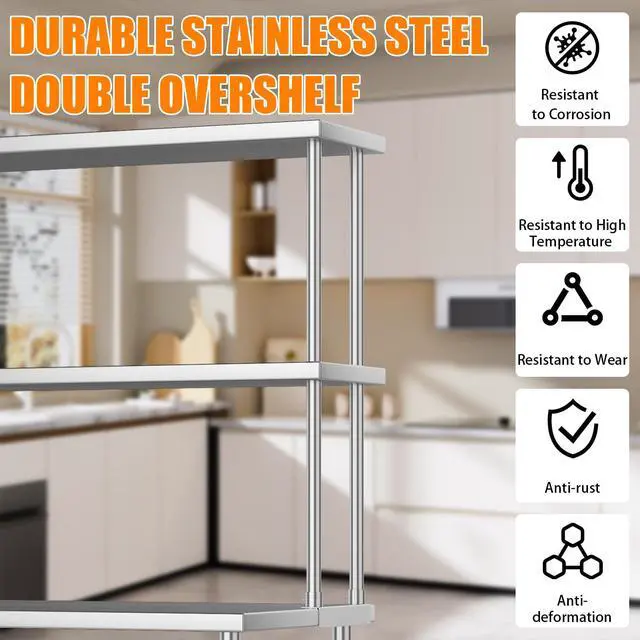 Alt view image 5 of 6 - Stainless Steel Overshelf Shelves for Work & Prep Table 12 in x 36 in, 2 Tier Double Deck Overshelf with Adjustable Shelf, Commercial Countertop Shelf for Kitchen, Restaurant