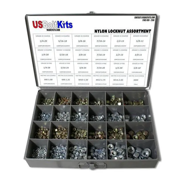 Alt view image 5 of 6 - 1200pcs Nylon Locknut Assortment USS, SAE, and Metric | Coarse and Fine Thread Grade 8, 5, and 8.8 (See Description for Quantities)