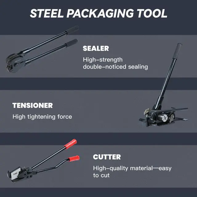 Alt view image 3 of 6 - Steel Strapping Kit Tool Set for Pallet Packaging - Tensioner, Sealer, Cutter, 300 Open Seals for 3/4" Steel Metal Banding
