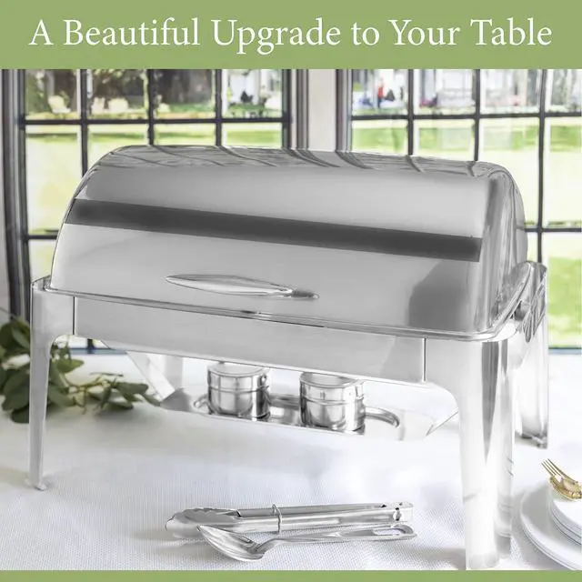 Alt view image 3 of 6 - 8 QT Deluxe Rectangular Roll-Top Chafing Dish Bundle - Includes Water Pan, 1 Full Size & Sectional Food Pans, 1 Tung & Serving Spoon, Fuel Holders - Buffet Food Warmer for Catering and Events