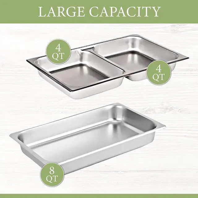 Alt view image 4 of 6 - 8 QT Deluxe Rectangular Roll-Top Chafing Dish Bundle - Includes Water Pan, 1 Full Size & Sectional Food Pans, 1 Tung & Serving Spoon, Fuel Holders - Buffet Food Warmer for Catering and Events