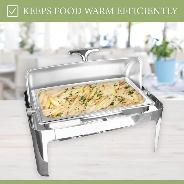 Alt view image 5 of 6 - 8 QT Deluxe Rectangular Roll-Top Chafing Dish Bundle - Includes Water Pan, 1 Full Size & Sectional Food Pans, 1 Tung & Serving Spoon, Fuel Holders - Buffet Food Warmer for Catering and Events
