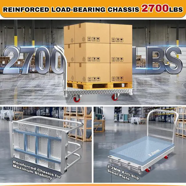 Alt view image 2 of 6 - 2600lbs Heavy Duty Platform Truck with 6" Swivel Brake Wheels & 4 Handrails, 40"x 24" Extra Large Steel Flatbed Cart, 2.5mm Steel Plate, Durable & Safe Industrial Dolly for Garage, Warehouse, Workshop