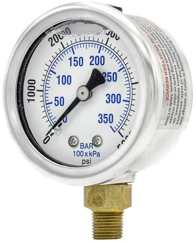 Main image of 10 Pack of Liquid Filled Lower Mount Pressure Gauge with 2" Dial, 0-5000 PSI, 1/8" Male NPT Connection, Stainless Steel CASE and Bezel (10)