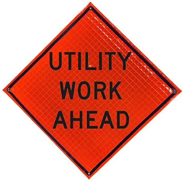 Main image of 48" Reflective Super Bright Fluorescent Orange Roll-Up Warning Sign, 48" Width x 48" Length, 5/16"x1/4" Baton(Ribs), 4 Lexan Pockets UTILITY WORK AHEAD W21-7