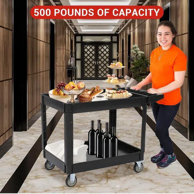 Alt view image 2 of 6 - Service Utility Cart 2-Shelf Utility/Service Cart, 500-Pound Capacity, Storage Handle, for Warehouse/Garage/Cleaning/Manufacturing,45"X25" Black