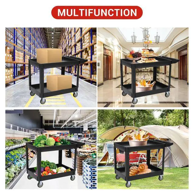 Alt view image 3 of 6 - Service Utility Cart 2-Shelf Utility/Service Cart, 500-Pound Capacity, Storage Handle, for Warehouse/Garage/Cleaning/Manufacturing,45"X25" Black
