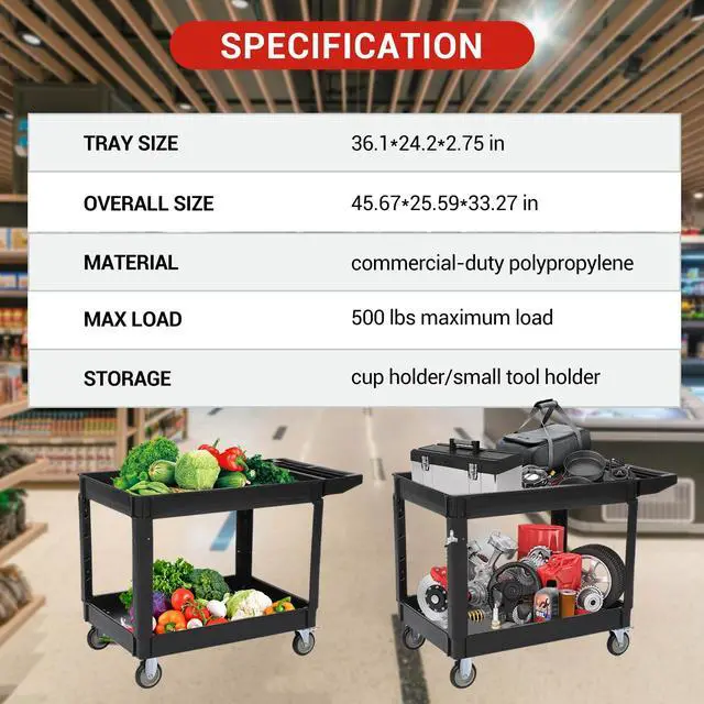 Alt view image 4 of 6 - Service Utility Cart 2-Shelf Utility/Service Cart, 500-Pound Capacity, Storage Handle, for Warehouse/Garage/Cleaning/Manufacturing,45"X25" Black