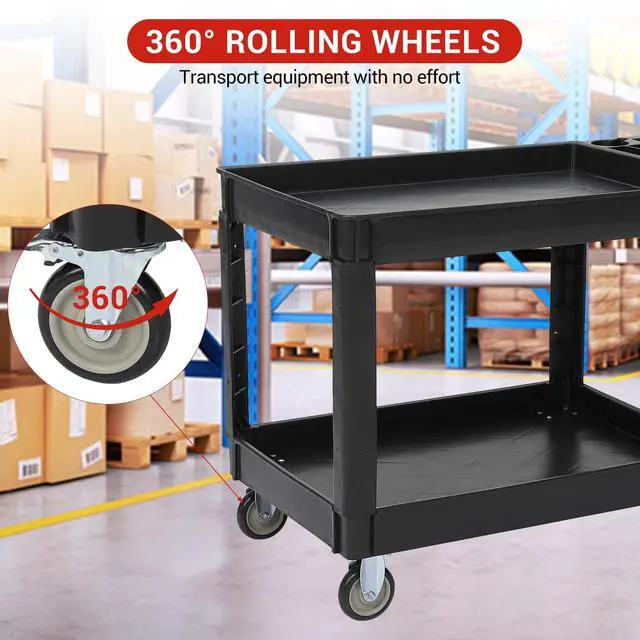 Alt view image 6 of 6 - Service Utility Cart 2-Shelf Utility/Service Cart, 500-Pound Capacity, Storage Handle, for Warehouse/Garage/Cleaning/Manufacturing,45"X25" Black