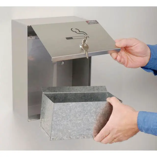 Alt view image 4 of 6 - Stainless Steel Wall Mount Outdoor Ashtray, 9" W x 5" D x 13" H, Weather and Fire Resistant, 1 Gallon Capacity, Holds Over 700 Butts